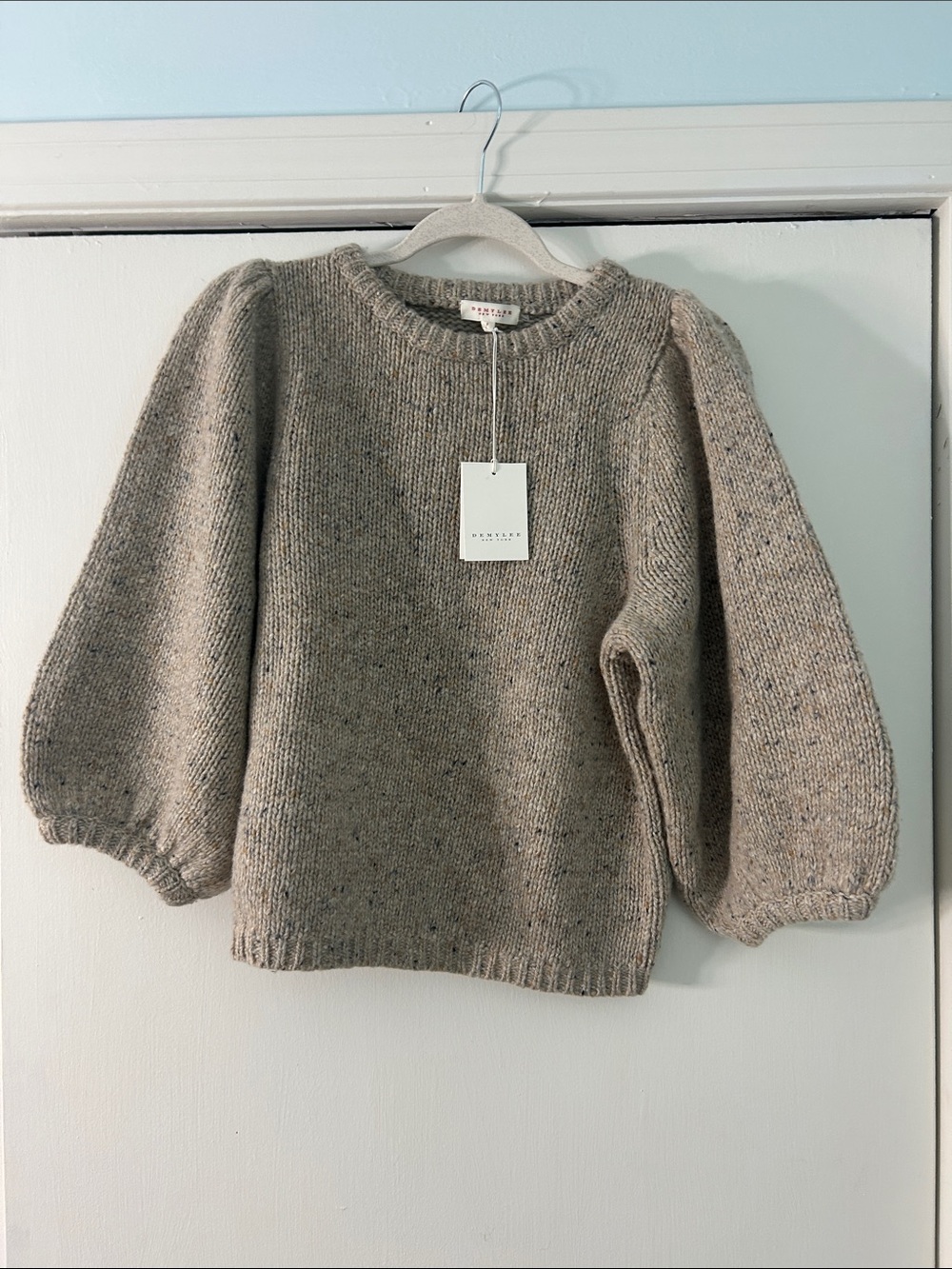 Puff-Sleeve Taupe Crewneck Sweater - Women's